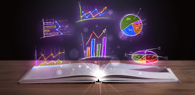 book open showing symbols of data analysis